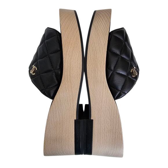 Chanel CC Wood Platform Sandal Slide Mule Size 39 US 8 8.5 Quilted Black Leather - Picture 10 of 15